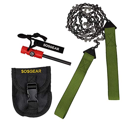 SOS Gear Pocket Chainsaw and Fire Starter - Survival Hand Saw, , Firestarter with Built in Compass & Whistle, Embroidered Pouch for Camping & Backpacking - Green Straps, 24