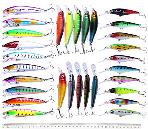 Fishing Lures Set Large Hard Bait Minnow Lure with Treble Hook Swimbait Fishing Bait Sinking Lure for Bass Trout Walleye Redfish Saltwater Freshwater (30PCS-A)