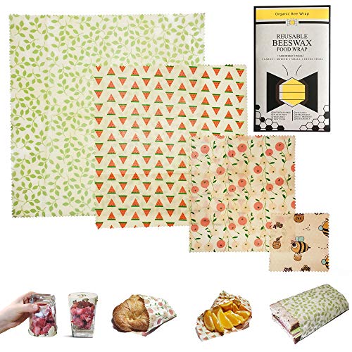 Reusable Beeswax Food Wrap by Organic Bee Wrap 4 Pack - 1 Extra Small, 1 Small, 1 Medium, 1 Large Beeswax Food Wraps  Eco Friendly Reusable Food Wraps - Alternative to Plastic & Biodegradable