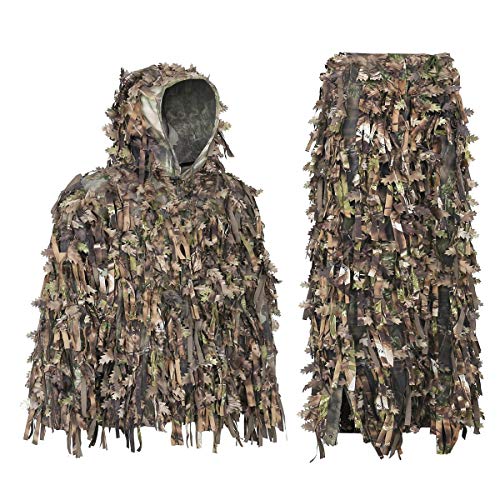 Auscamotek 3D Leaf Ghillie Suit Hybrid Camo Jacket Turkey Hunting Ghilly Suits, Green XL-XXL