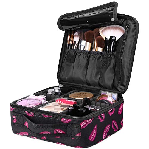 Luxspire Makeup Cosmetic Storage Case, Professional Make up Train Case Cosmetic Box Portable Travel Artist Storage Bag Brushes Bag Toiletry Organizer Tool with Adjustable Dividers - Lip