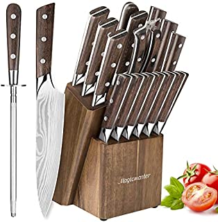 Knife Set, 15pcs Kitchen Knife Set with Wooden Block  German High Carbon Stainless Steel Professional Chef Knife Block Set, Manual Sharpening, Forged, Full-Tang