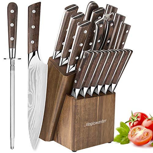 Knife Set, 15pcs Kitchen Knife Set with Wooden Block  German High Carbon Stainless Steel Professional Chef Knife Block Set, Manual Sharpening, Forged, Full-Tang