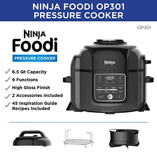 Ninja OP301 Foodi 9-in-1 Pressure, Slow Cooker, Air Fryer and More, with 6.5 Quart Capacity and 45 Recipe Book, and a High Gloss Finish