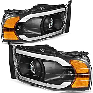 OEDRO Projector Headlights Compatible with 2002-2005 Dodge Ram 1500 2500 3500, w/LED Tube DRL Daytime Running Light, Clear Lens Headlamps, Black Housing