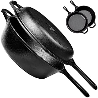 Pre-Seasoned Cast Iron 2-In-1 Multi Cooker - 3-Quart Dutch Oven and Skillet Lid Set Oven Safe Cookware - Use As Dutch Oven and Frying Pan - Indoor and Outdoor Use - Grill, Stovetop, Induction Safe