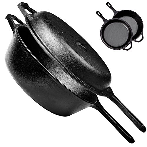 Pre-Seasoned Cast Iron 2-In-1 Multi Cooker - 3-Quart Dutch Oven and Skillet Lid Set Oven Safe Cookware - Use As Dutch Oven and Frying Pan - Indoor and Outdoor Use - Grill, Stovetop, Induction Safe