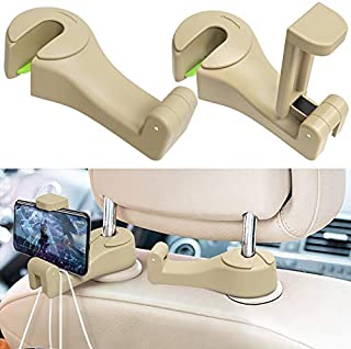 Car Hooks, LIMINK Car Seat Back Organizers Headrest Hooks for Purse and Bags Hanger , Cool Car Gadgets Accessories Hook with Cellphone Holder 2 in 1 (Beige)