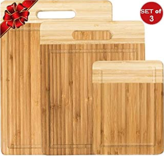 K BASIX Bamboo Cutting Board 3 Piece Set w/Handles - Made from Premium 100% Organic & Safe Wood - Reversible - Newest Non-Stick Design - FDA Approved & BPA Free Kitchen Chopper with Juice Groove