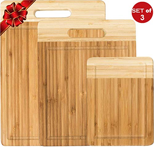 K BASIX Bamboo Cutting Board 3 Piece Set w/Handles - Made from Premium 100% Organic & Safe Wood - Reversible - Newest Non-Stick Design - FDA Approved & BPA Free Kitchen Chopper with Juice Groove