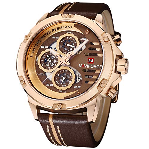 NAVIFORCE Mens Military Watches Sport Waterproof Quartz Leather Casual Date Luxury Wrist Watch Rose Gold