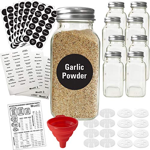 8 XLarge 8oz Glass Spice Jars w/2 Types of Printed Spice Labels. Premium Commercial Grade Set: Empty Square Jar, Airtight Cap Chalk & Clear Stickers Pour Sift Shaker by Talented Kitchen (8oz JARS)