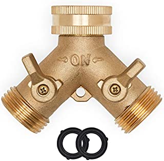 Morvat Heavy Duty Brass Garden Hose Connector Tap Splitter (2 Way)  New and Improved - Outlet Splitter, Hose Splitter, Hose Spigot Adapter with 2 Valves, Plus 2 Extra Rubber Washers