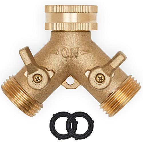 Morvat Heavy Duty Brass Garden Hose Connector Tap Splitter (2 Way)  New and Improved - Outlet Splitter, Hose Splitter, Hose Spigot Adapter with 2 Valves, Plus 2 Extra Rubber Washers