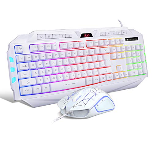 White Gaming Keyboard and Mouse Combo,MageGee GK710 Wired Backlit Keyboard and White Gaming Mouse Combo,PC Keyboard and Adjustable DPI Mouse for PC/loptop/MAC 