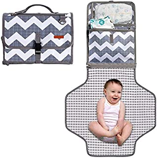 Baby Portable Diaper Changing Pad, Waterproof Travel Changing Mat Station, Built -in Padded Head Rest, Includes Mesh Pockets for Diapers and Wipes