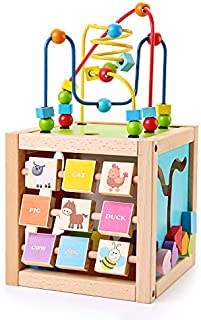 SainSmart Jr. Kids Wooden Activity Cube with Bead Maze 5-in-1 Shape Sorter and Discover Baby Play Center Educational Toys for 1+ Year Old Toddlers