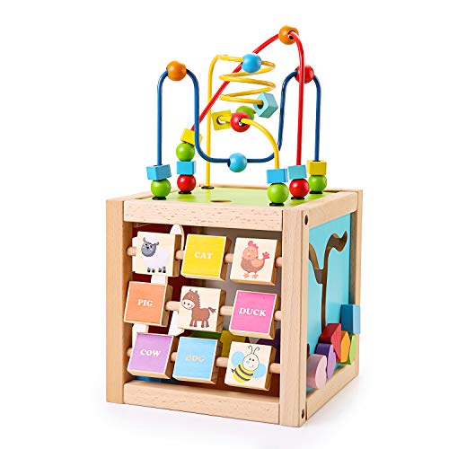 SainSmart Jr. Kids Wooden Activity Cube with Bead Maze 5-in-1 Shape Sorter and Discover Baby Play Center Educational Toys for 1+ Year Old Toddlers