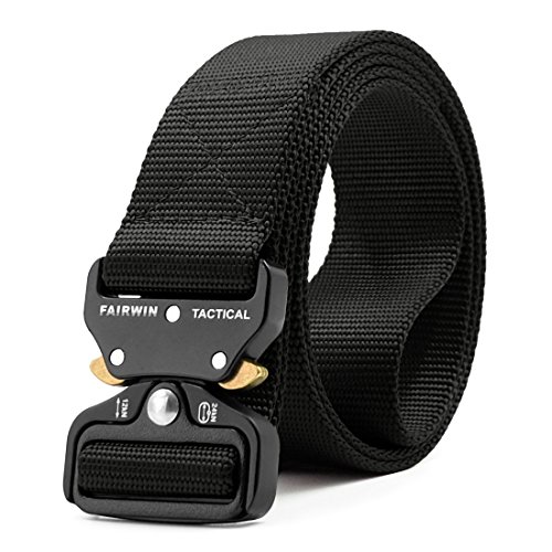 Fairwin Tactical Belt, Military Style Webbing Riggers Web Belt Heavy-Duty Quick-Release Metal Buckle (Black, L - Waist 42