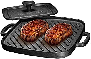 Bruntmor Pre-Seasoned Cast Iron Single Burner 10X10 Reversible Grill Griddle w/Heavy Grill Press