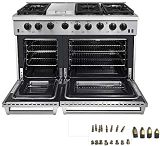 Thor Kitchen 48 inch Freestanding Pro-Style Double Oven Professional Gas Range with 6.8 Cu. Ft. Oven, 6 Burners 1 Griddle, in Stainless Steel - LRG4807U + LP Conversion Kit