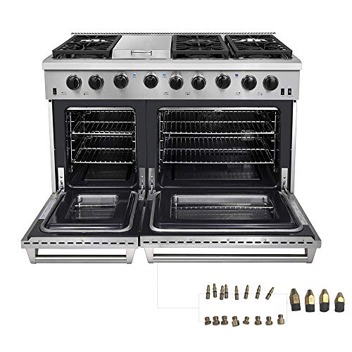 Thor Kitchen 48 inch Freestanding Pro-Style Double Oven Professional Gas Range with 6.8 Cu. Ft. Oven, 6 Burners 1 Griddle, in Stainless Steel - LRG4807U + LP Conversion Kit