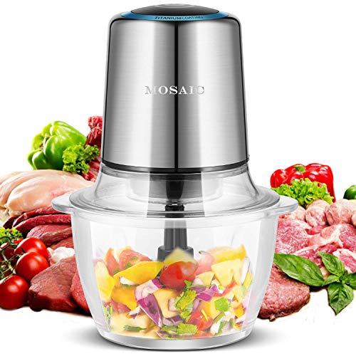 Electric Food Chopper, MOSAIC Food processor Meat Grinder with 4 Titanium Coating Blades and 1.5L Glass Bowl, 2 Speeds Blender and Mincer for Mincing, Chopping, Grinding