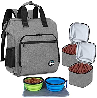 Teamoy Dog Travel Backpack, Pet Supplies Bag Tote with 2 Silicone Collapsible Bowls, 2 Food Carrier, 1 Water-Resistant Placemat, Gray