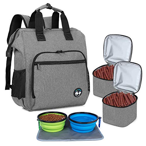 Teamoy Dog Travel Backpack, Pet Supplies Bag Tote with 2 Silicone Collapsible Bowls, 2 Food Carrier, 1 Water-Resistant Placemat, Gray