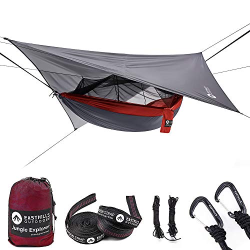 Easthills Outdoors Jungle Explorer Double Bug Net Camping Hammock Ripstop Parachute Nylon Camping & Outdoor Hammocks Tent with Waterproof Rainfly Tarp Red