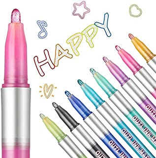 Double Line Outline Pens, Self-Outline Metallic Markers Glitter Writing Drawing Doodle Dazzle Pens for DIY Art, Drawing, Greeting Cards, Craft Projects, Posters, Painting (8PCS)