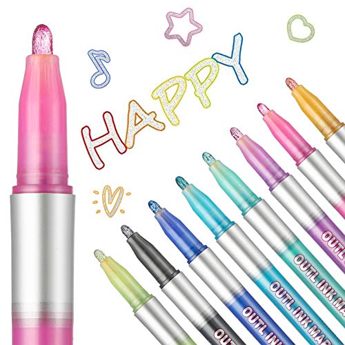 Double Line Outline Pens, Self-Outline Metallic Markers Glitter Writing Drawing Doodle Dazzle Pens for DIY Art, Drawing, Greeting Cards, Craft Projects, Posters, Painting (8PCS)