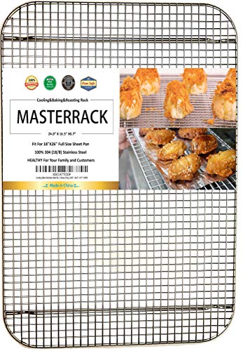 MASTERRACK 100% 304 Stainless Steel Cooling Rack and Wire Grate For Full Size Sheet Bun Pan,Real Heavy Duty 3.20LB for Cooking, Roasting,Drying,Commercial Quality, Healthy Material Compliance with FDA