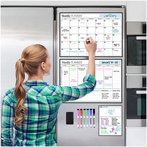 Magnetic Dry Erase Calendar Bundle for Fridge: 3 Boards Included - Monthly, Weekly, Daily Calendar Whiteboard 17x12