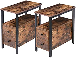 HOOBRO End Table, Set of 2, Recliner Side Table with 2 Drawer and Open Shelf, Narrow Nightstand for Small Space, in Living Room Bedroom Balcony, Wood Look Accent Table, Rustic Brown BF54BZP201