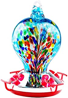 WOSIBO Hummingbird Feeder for Outdoors Patio 16 Ounces Colorful Hand Blown Glass Hummingbird Feeder with Hanging Hook, Rope, Brush and Service Card (Blue-Firework)