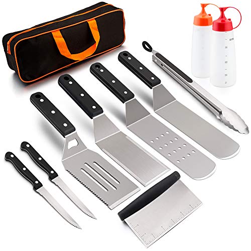 HaSteeL Metal Spatula 11 Piece, Stainless Steel Griddle Grill Accessories Tools Kit for Flat Top Teppankiya Hibachi Cooking Camping - Griddle Spatulas/Scraper/BBQ Tong/Steak Knives/Carrying Bag