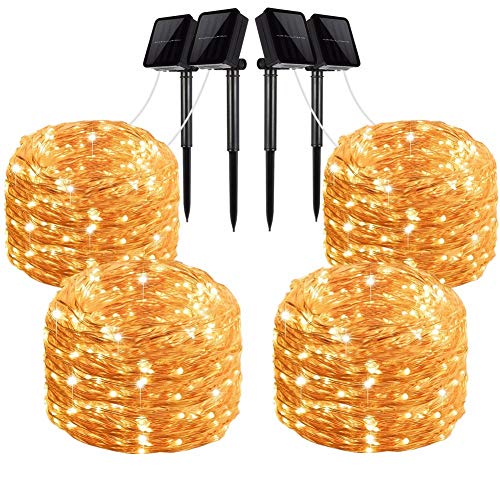 LiyuanQ Solar String Lights, 4 Pack 100 LED Solar Fairy Lights 33 Feet 8 Modes Copper Wire Lights Waterproof Outdoor String Lights for Garden Patio Gate Yard Party Wedding Indoor Bedroom Warm White