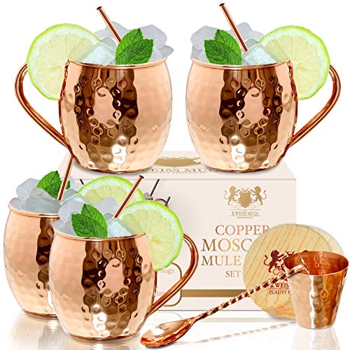 [Gift Set] 100% Pure Copper Moscow mule mugs, Set Of 4 copper cups for drinking Each Mug is HANDCRAFTED- Food Safe Pure Solid Copper Cups gift set