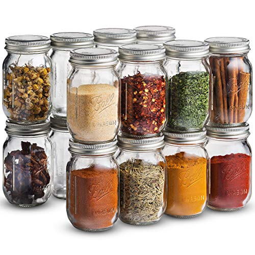 Ball Spice Jars [Set of 16] Mini Mason Jars 4 oz. Small Glass Storage Jars With Lids - For Herbs & Spices, Jelly, Honey Jars, (Not Canning) Favors, DIY & Crafts - Bundled With SEWANTA 28 Spice Labels