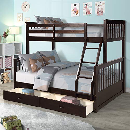 Harper&Bright Designs Twin Over Full Bunk Bed with Ladders and Two Storage Drawers, Espresso