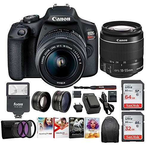 Canon EOS Rebel T7 Digital Camera: 24 Megapixel 1080p HD Video DSLR Bundle W/Wide Angle 18-55 MM Lens 64 & 32GB SD Cards + Flash + Spare Battery - Professional Vlogging Sports and Action Cameras