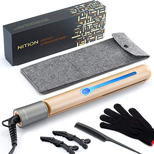 NITION Professional Salon Hair Straightener Argan Oil Tourmaline Ceramic Titanium Straightening Flat Iron for Healthy Styling,LCD 265°F-450°F,2-in-1 Curling Iron for All Hair Type,Gold,1 inch Plate