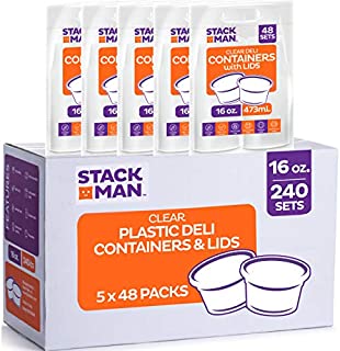 Stack Man Plastic Food Storage Deli Containers with Airtight Lids, 16 oz. (Case of 240)