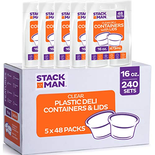 Stack Man Plastic Food Storage Deli Containers with Airtight Lids, 16 oz. (Case of 240)