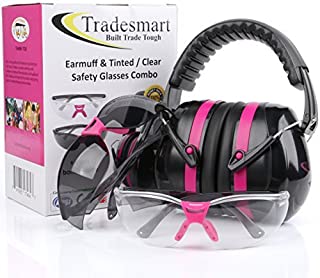 TRADESMART Pink Ear Muffs & Clear/Tinted Gun Safety Glasses - UV400 Anti Fog & Anti Scratch with Microfiber Pouch | Gun Range Ear Protection & Eye Protection for Shooting