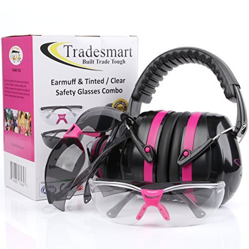 TRADESMART Pink Ear Muffs & Clear/Tinted Gun Safety Glasses - UV400 Anti Fog & Anti Scratch with Microfiber Pouch | Gun Range Ear Protection & Eye Protection for Shooting