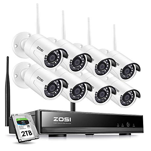 ZOSI 1080P 8CH HD Wireless Security Camera System 8Channel 1080P NVR 2TB Hard Drive and (8) HD 2.0MP 1080P Indoor/Outdoor Bullet IP Cameras 65ft Night Vision, Customizable Motion Detection