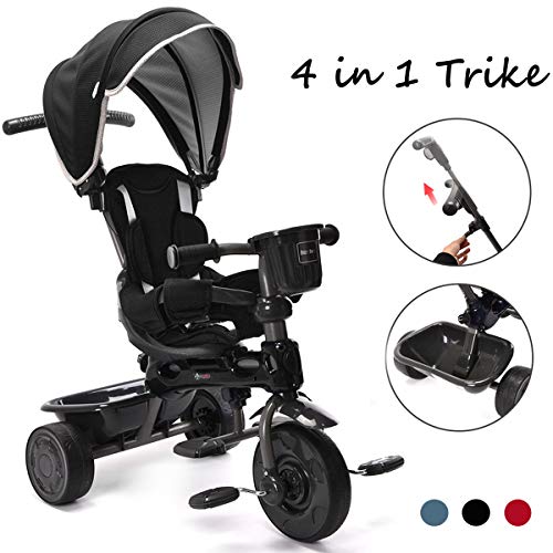 ChromeWheels 4-in-1 Kids Trike & Stroller, Adjustable Height Push Ride Tricycle for 9 Months - 5 Year Old, Black