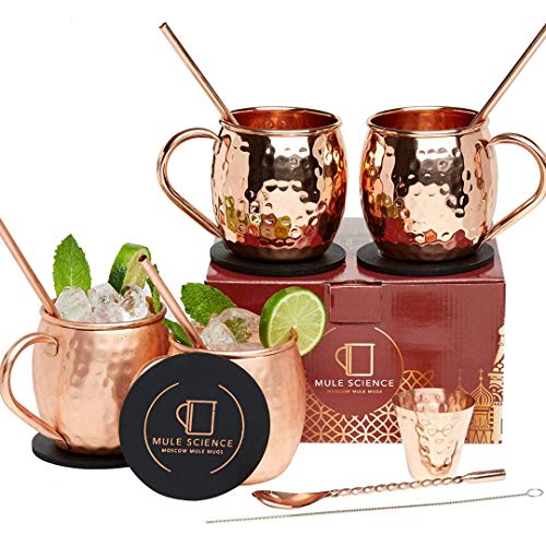 [Gift Set] Mule Science Moscow Mule Copper Mugs - Set of 4 - Pure Solid Copper Mugs 16 oz with BONUS: Copper Cups with Cocktail Copper Straws, Stirring Spoon, Cleaning brush, Coasters and Shot Glass!